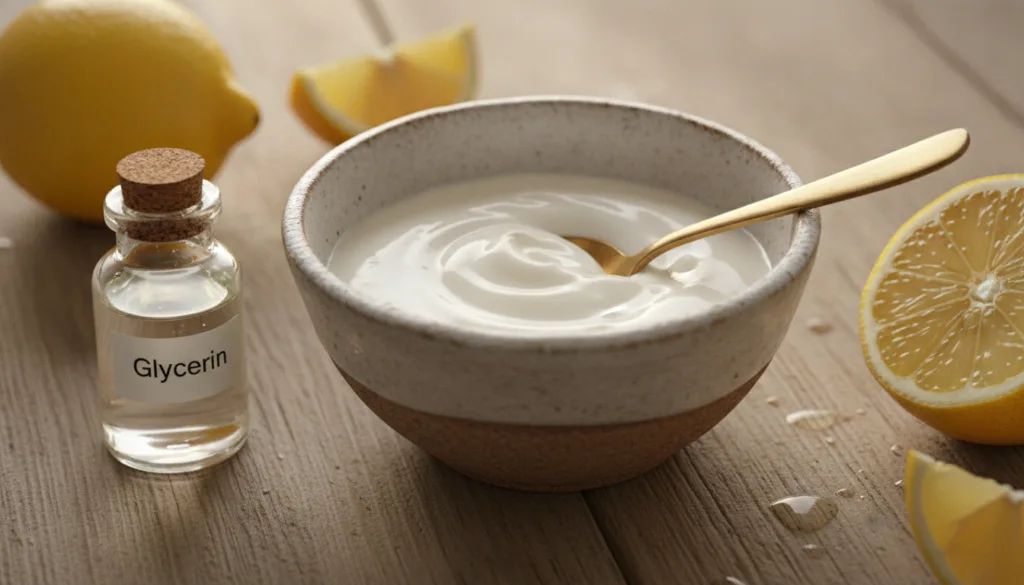 A small rustic ceramic bowl filled with a creamy white mixture and a golden spoon with fresh lemon halves and a small bo