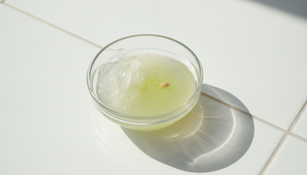 Close-up of a small bowl with Vaseline and freshly squeezed lime juice ready to be mixed
