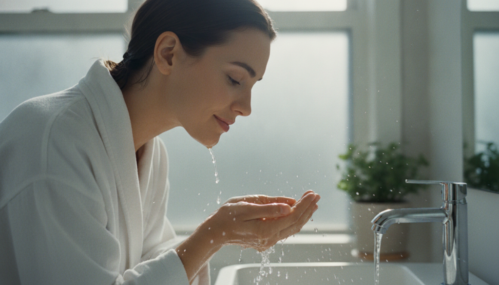 A woman gently rinsing her face after applying a DIY skin remedy with water splashing lightly