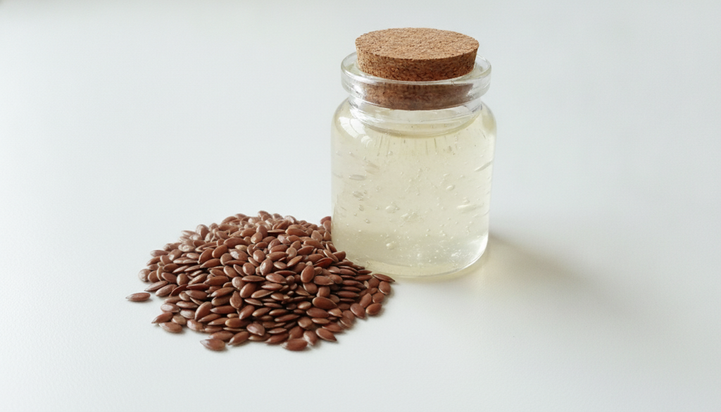A small glass jar containing a gel-like mixture of flaxseed and baby oil with whole flax seeds beside it on a clean whit