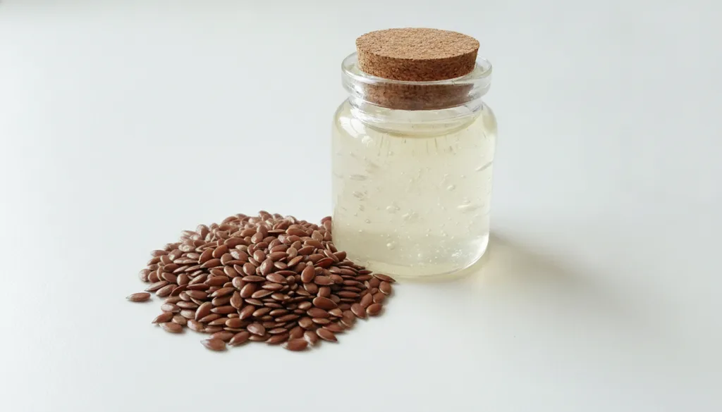 A small glass jar containing a gel-like mixture of flaxseed and baby oil with whole flax seeds beside it on a clean whit