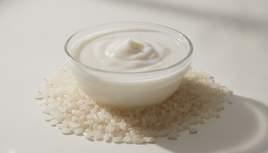 A close-up of a bowl with a rice and baby oil scrub mixture with uncooked rice grains scattered around on a light backgr