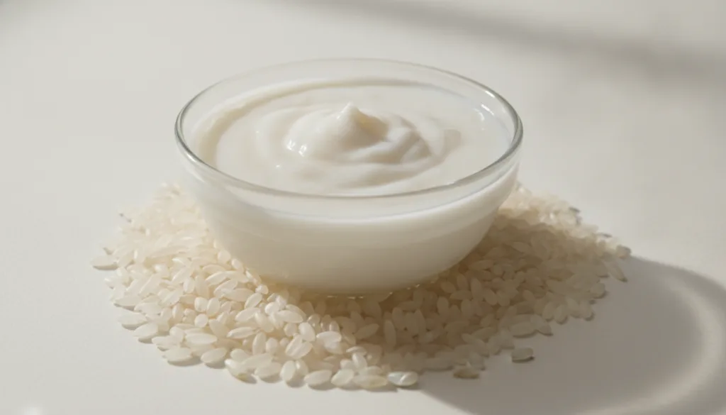 A close-up of a bowl with a rice and baby oil scrub mixture with uncooked rice grains scattered around on a light backgr