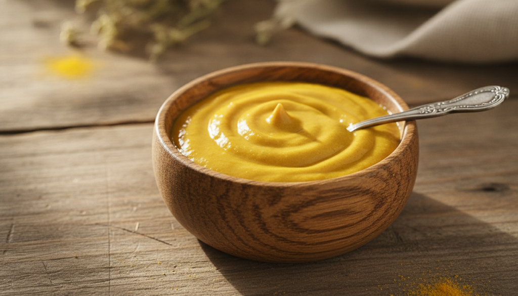 A close-up of a small bowl containing a mixture of turmeric powder and baby oil with a spoon beside it on a natural wood