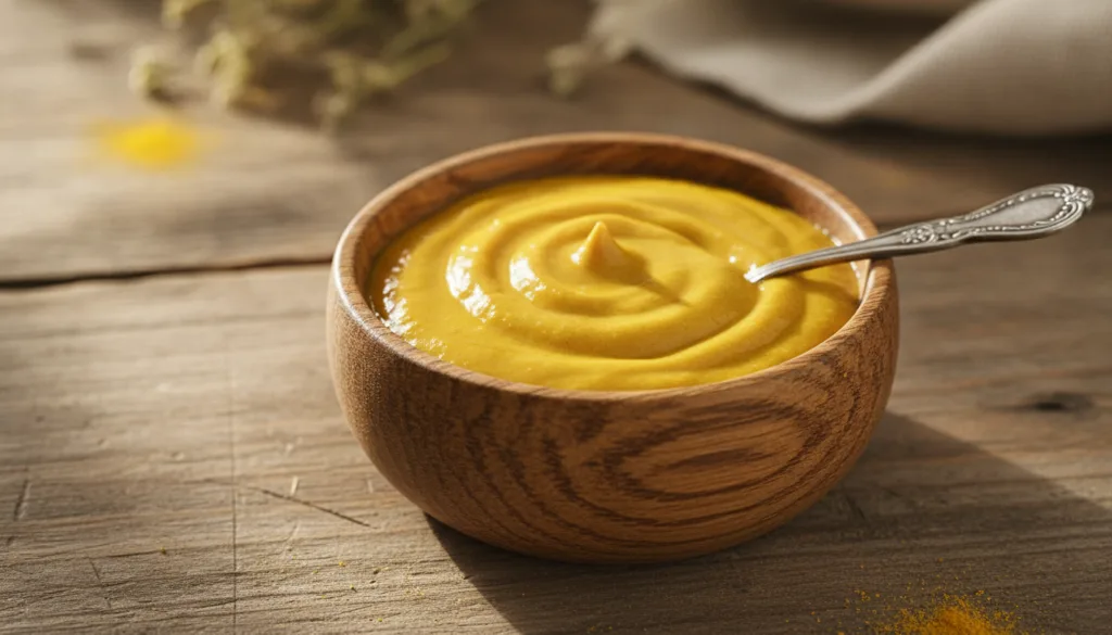 A close-up of a small bowl containing a mixture of turmeric powder and baby oil with a spoon beside it on a natural wood