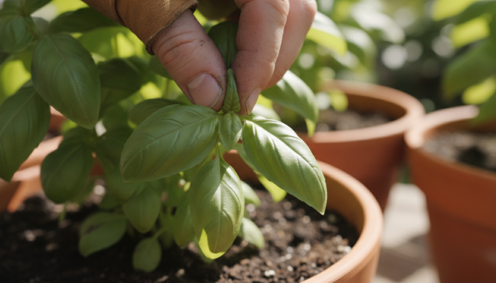 Close-up of a hand pinching the top leaves of a basil plant just above a leaf node showing the axillary buds below