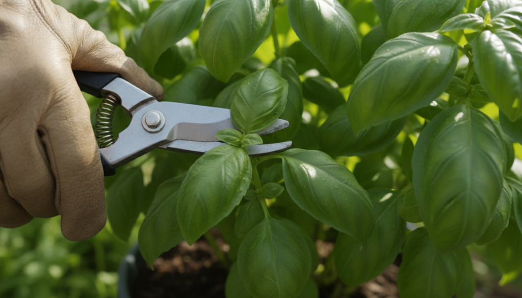 A hand using small shears to harvest a branch of basil leaves just above a node on a bushy basil plant