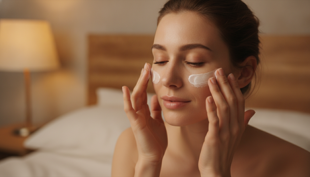 A woman gently applying a small amount of the homemade Vaseline and Vitamin E balm to her face before bed in a soft natu