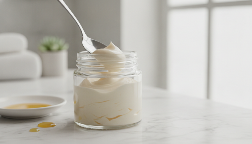 A small clear glass jar with a homemade Vaseline and Vitamin E mixture with a spoon stirring the contents on a bathroom