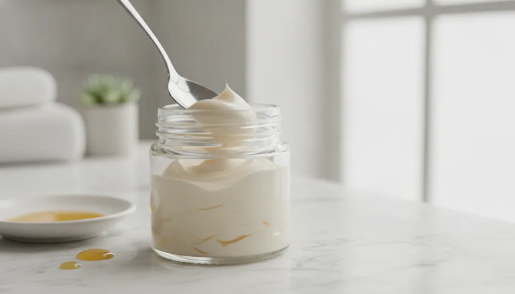 A small clear glass jar with a homemade Vaseline and Vitamin E mixture with a spoon stirring the contents on a bathroom 