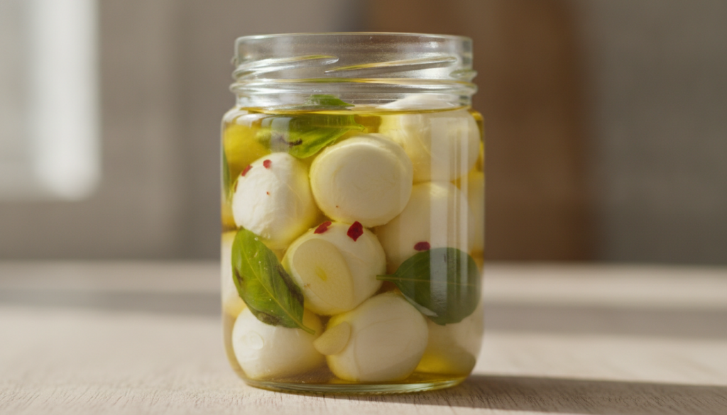 Small homemade mozzarella balls marinating in a glass jar with olive oil fresh basil garlic and red pepper flakes