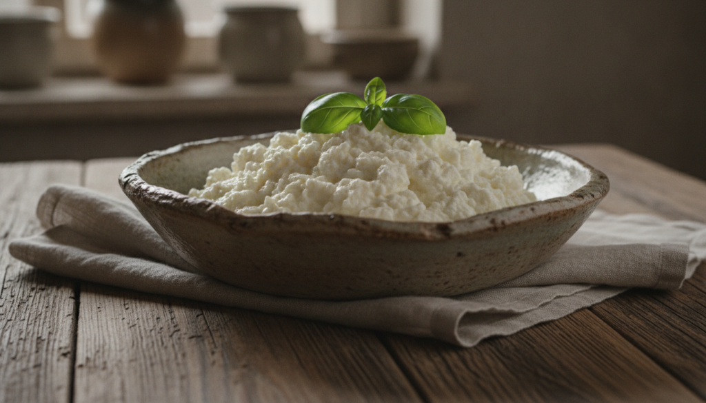 A bowl of creamy fresh homemade ricotta cheese garnished with a sprig of basil on a rustic background