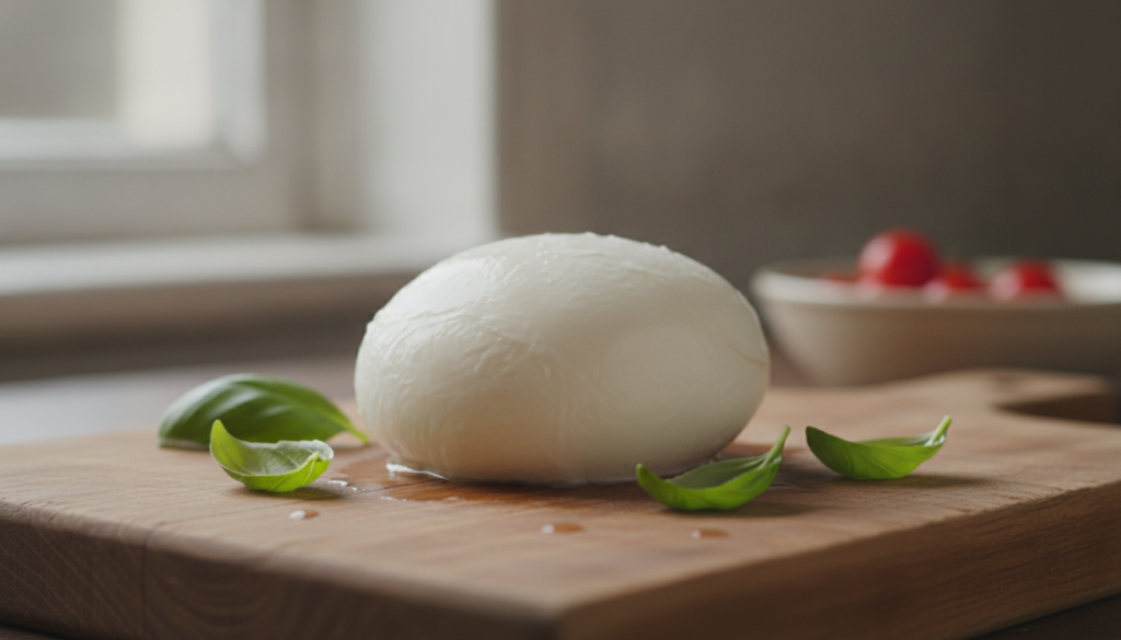 A freshly stretched ball of homemade mozzarella cheese on a wooden cutting board with visible strands and a creamy white