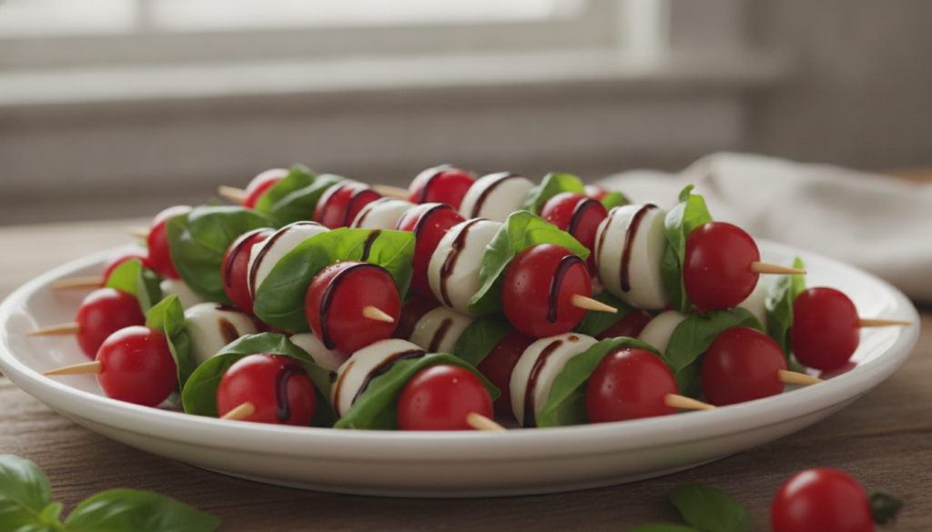 Vibrant Caprese skewers with mini homemade mozzarella balls cherry tomatoes and fresh basil leaves drizzled with balsami