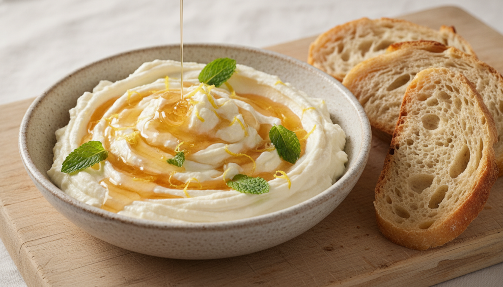 Creamy whipped ricotta dip drizzled with honey and garnished with lemon zest and mint served with crusty bread