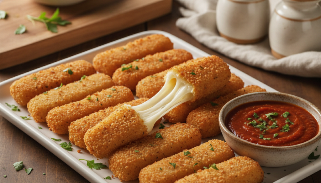 Crispy golden-baked mozzarella sticks on a plate with a side of marinara sauce showing melted cheese inside