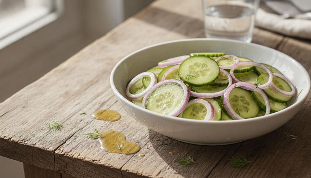 A refreshing cucumber and red onion salad with thin slices of cucumber and red onion tossed in a clear vinaigrette in a