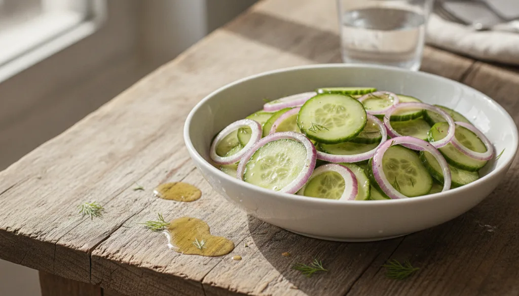 A refreshing cucumber and red onion salad with thin slices of cucumber and red onion tossed in a clear vinaigrette in a 