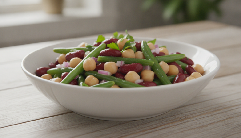 A colorful three bean salad featuring green beans kidney beans and chickpeas mixed with red onion and a vinaigrette in a