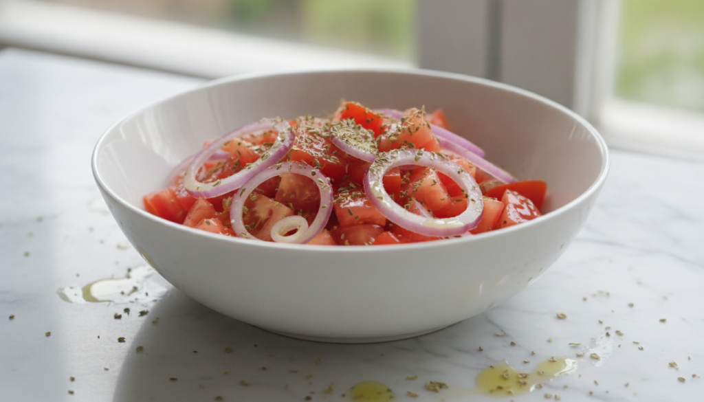 A simple and fresh tomato and red onion salad with diced red tomatoes and thinly sliced red onions lightly dressed with