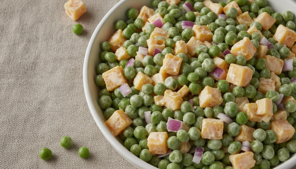 A creamy green pea and cheddar salad with bright green peas yellow cheddar cheese cubes and chopped red onions mixed in