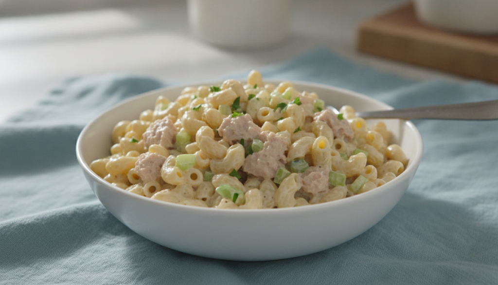 A classic macaroni tuna salad with cooked elbow macaroni flaked tuna diced celery and a creamy mayonnaise dressing in a
