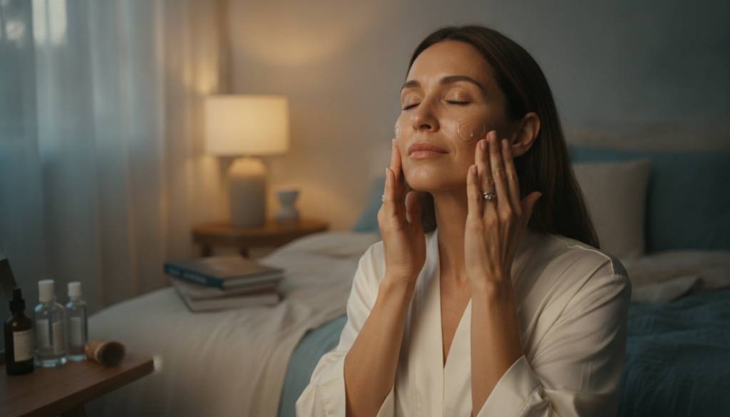 A woman in her 40s or 50s with clear calm skin gently applying a translucent gel to her face before bed in a soft cozy b