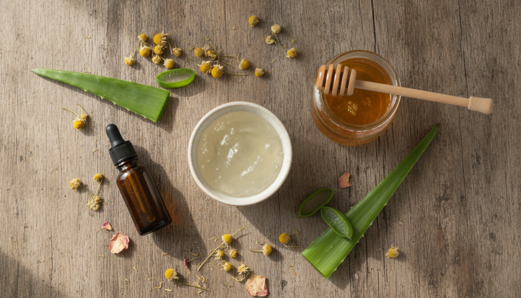 A flat lay image showing a few key ingredients for the overnight gel a bowl of fresh aloe vera gel a small jar of honey 