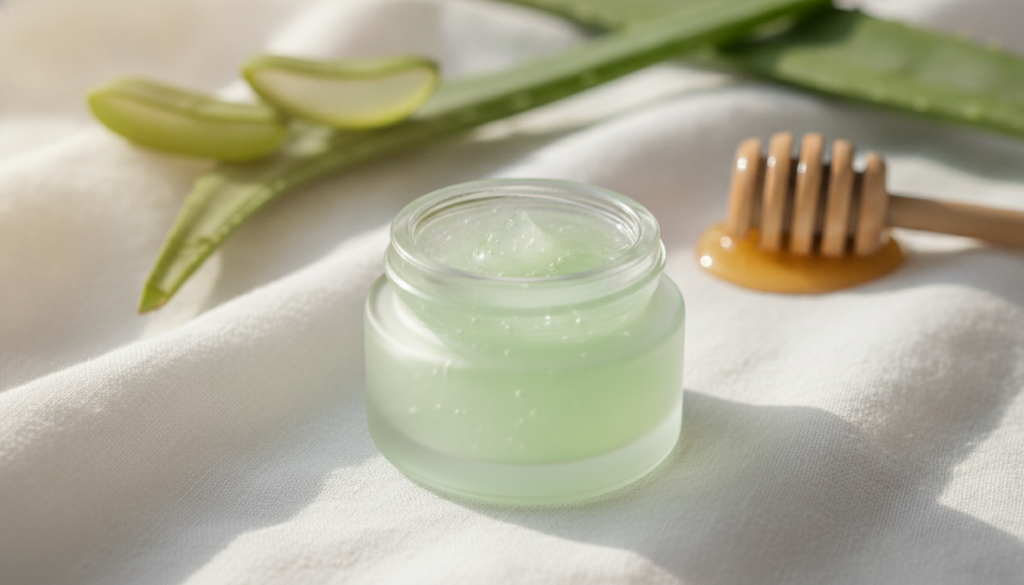 A small elegant jar of a clear or light green overnight gel placed on a soft white fabric suggesting a nighttime routine