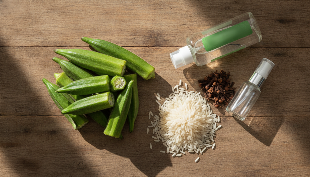 A collection of natural ingredients like fresh okra rice grains whole cloves and a bottle of aloe vera gel artfully arra