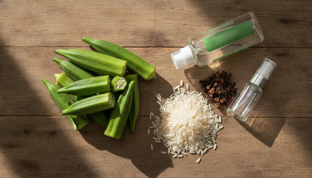 A collection of natural ingredients like fresh okra rice grains whole cloves and a bottle of aloe vera gel artfully arra