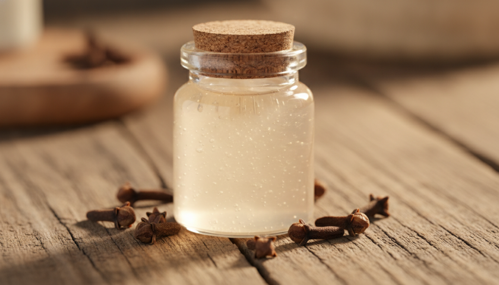 A close-up shot of a small glass jar containing a translucent pale amber-colored gel with a few dried cloves scattered a