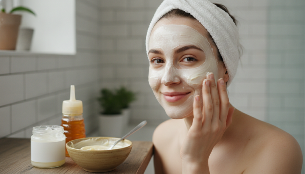 A woman applying a thick creamy DIY face mask to her clean skin with a small bowl of the mask mixture Vaseline and honey