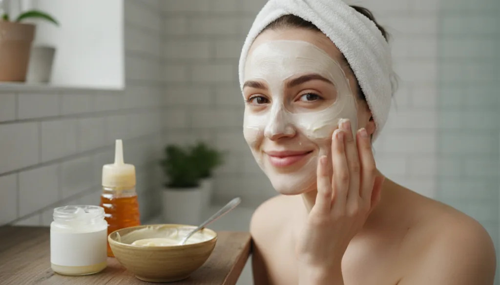 A woman applying a thick creamy DIY face mask to her clean skin with a small bowl of the mask mixture Vaseline and honey