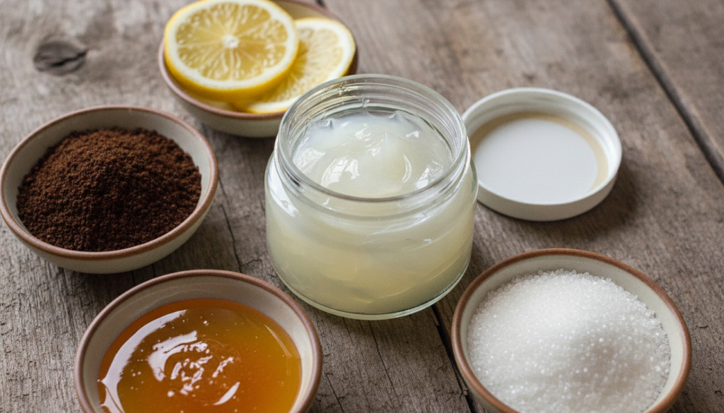 A close-up shot of an open jar of Vaseline surrounded by small bowls of natural ingredients like coffee grounds lemon sl