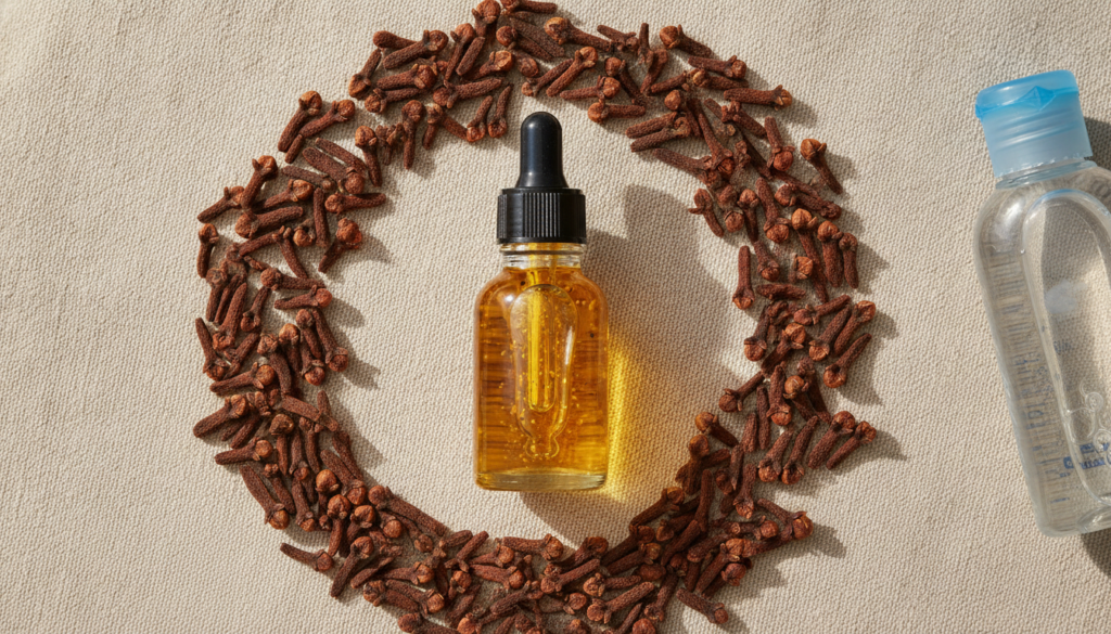 A close-up of a small glass dropper bottle filled with a golden homemade oil surrounded by dried cloves and a small bott