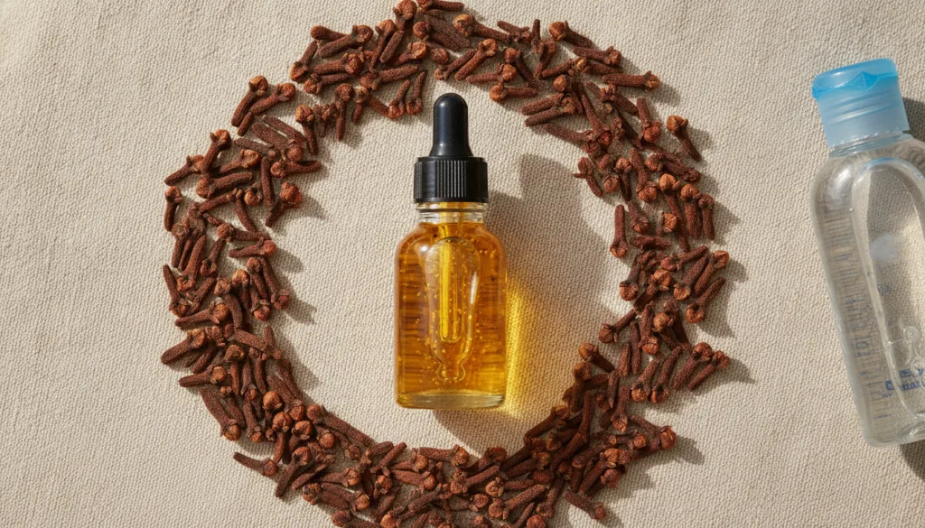 A close-up of a small glass dropper bottle filled with a golden homemade oil surrounded by dried cloves and a small bott