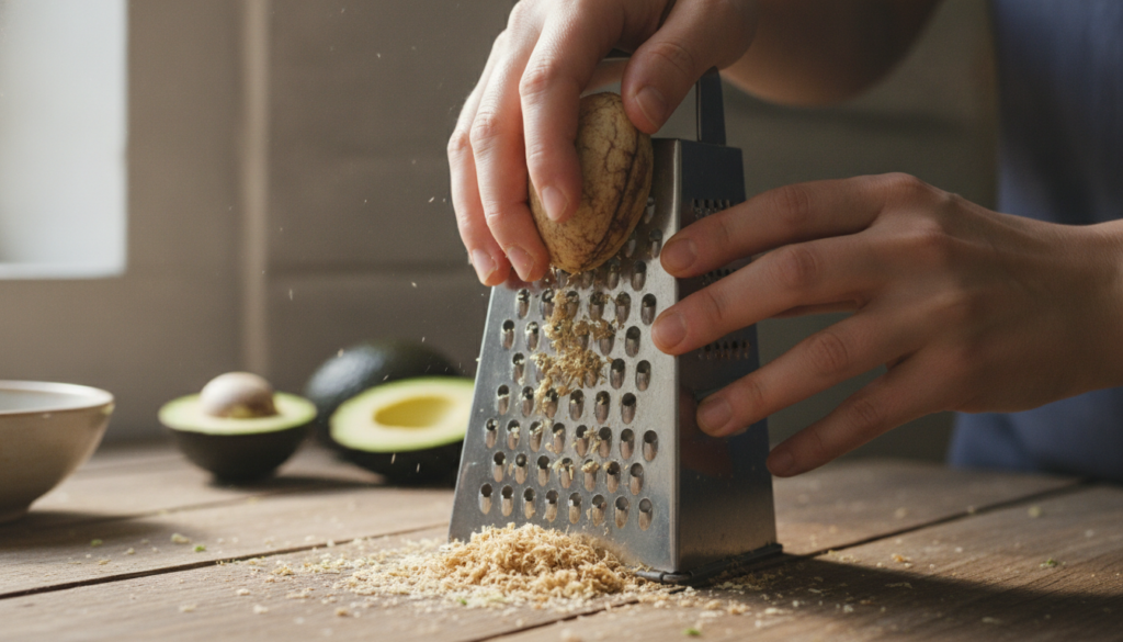 A close-up of an avocado seed being carefully grated into small pieces with a focus on the hands and the grater on a kit