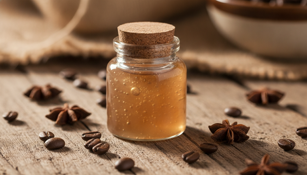 A small glass jar of homemade coffee and clove night gel next to a few coffee beans and whole cloves on a wooden surface