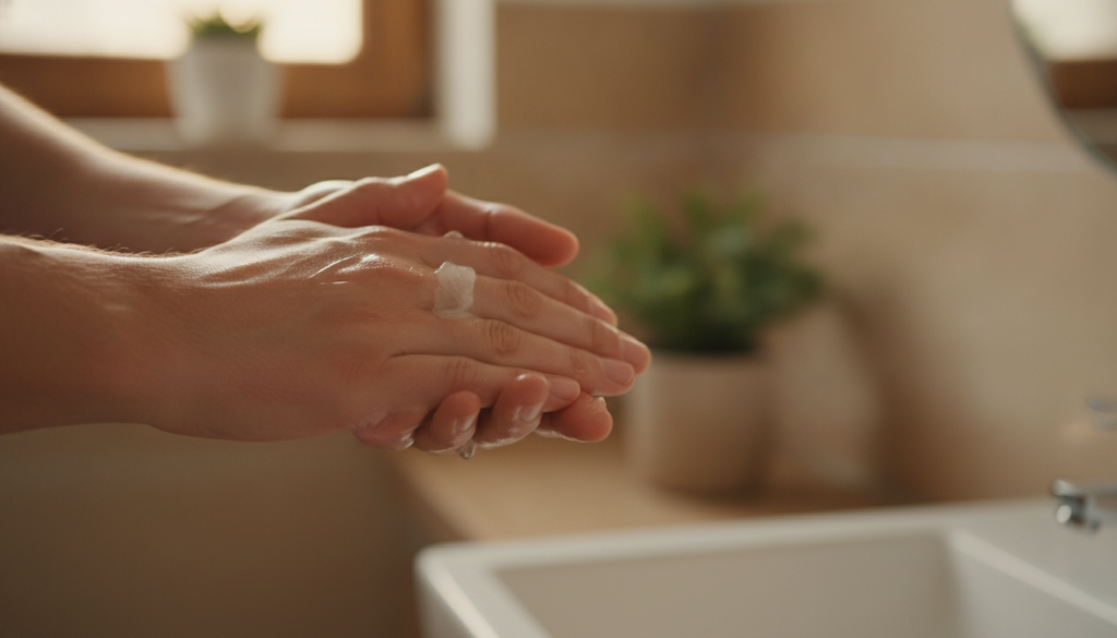 A person s hands gently rubbing a small amount of Vaseline between their palms to warm it up creating a slightly melted 