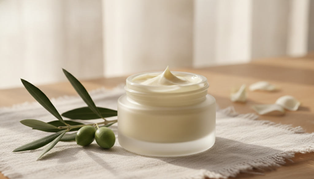 A small elegant glass jar filled with a creamy light yellow mixture resembling a homemade face cream with a small olive 