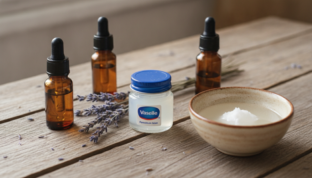 A small jar of Vaseline next to several natural ingredients like essential oil bottles dried lavender and a bowl of melt
