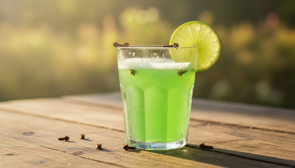 A refreshing glass of lime and clove drink garnished with a lime slice and whole cloves on a bright morning setting