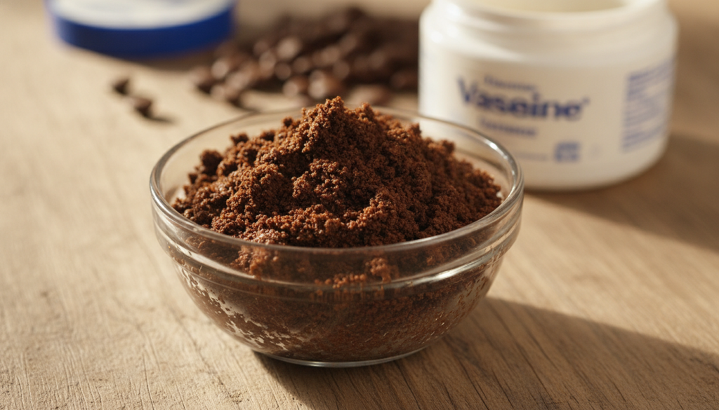 A close-up shot of a small bowl containing a mixture of coffee grounds and Vaseline with a jar of Vaseline and a spoonfu