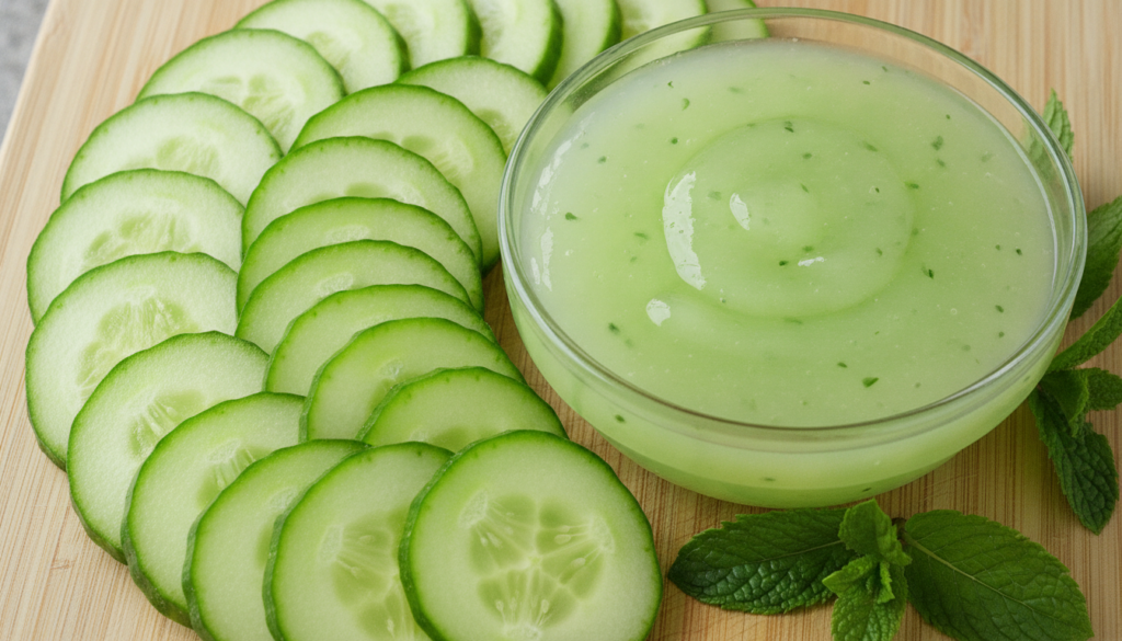 A close-up shot of fresh cucumber slices next to a small bowl of homemade cucumber gel