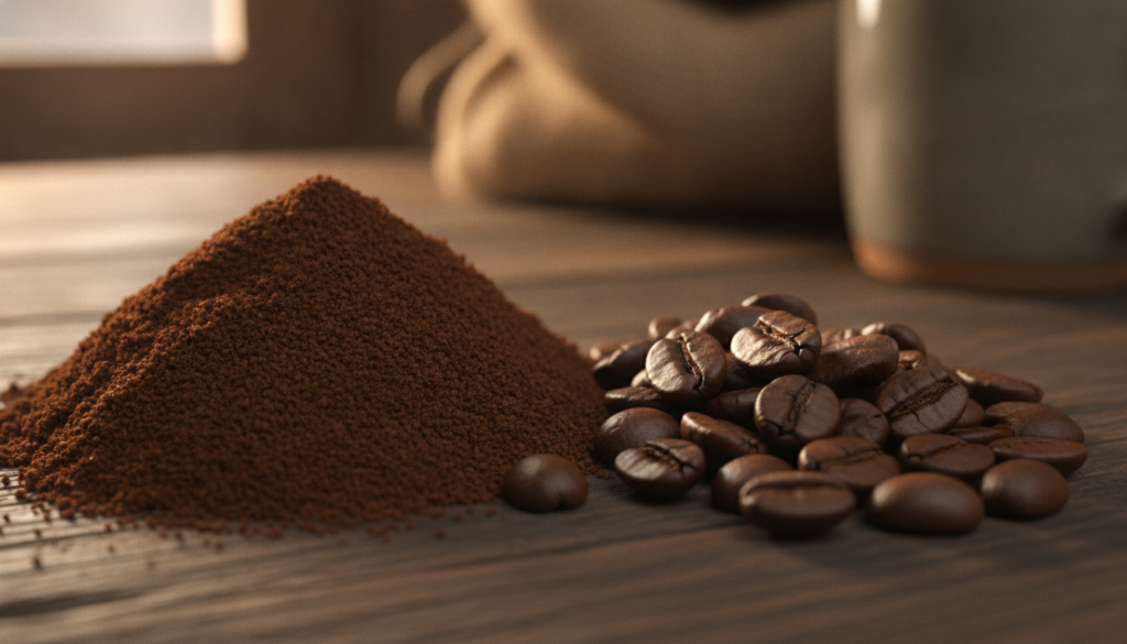 A close-up of coffee grounds and coffee beans emphasizing the natural aspect and texture of coffee