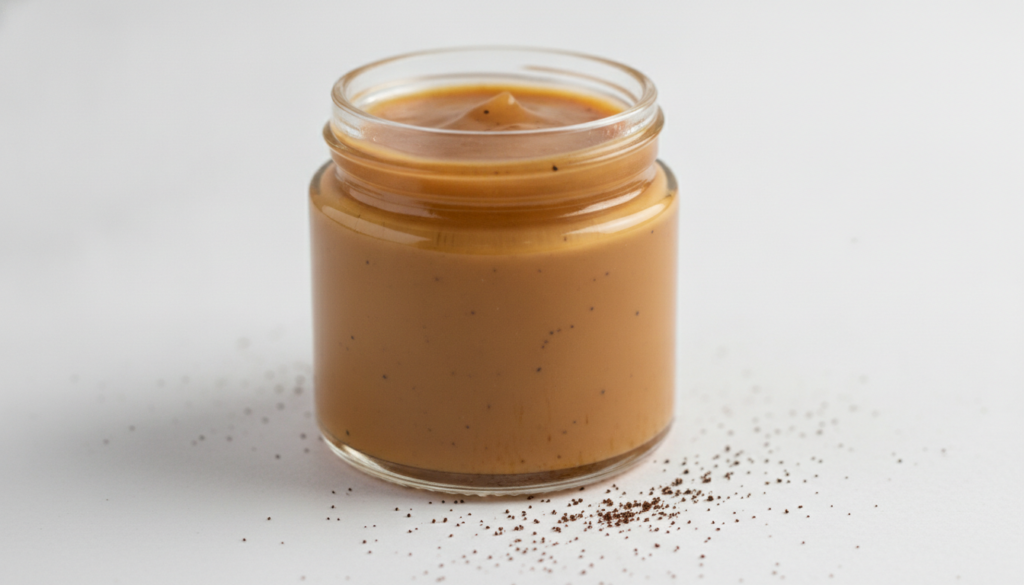 A small clear glass jar filled with the DIY coffee night gel showcasing its texture and a subtle coffee color with a few