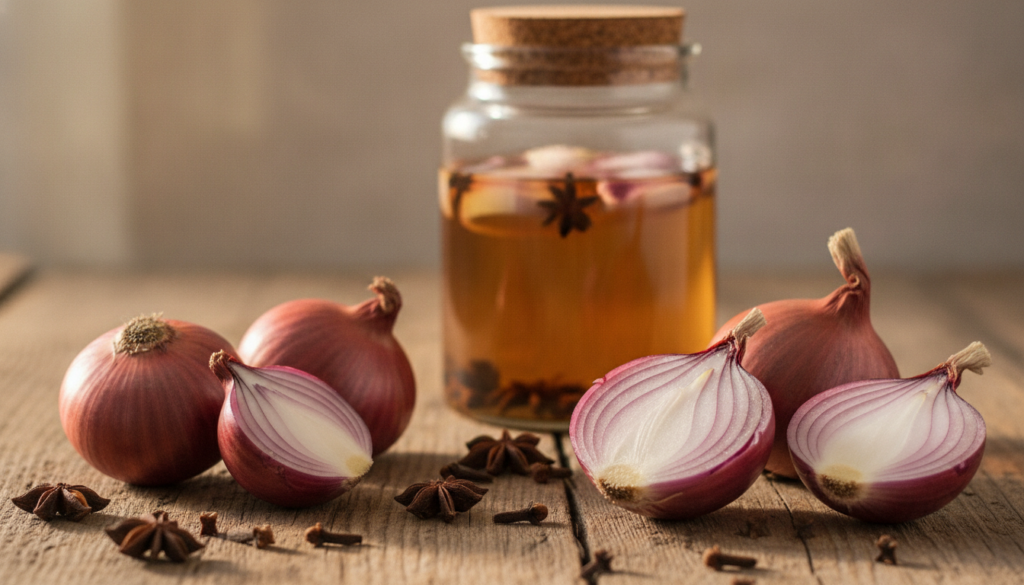 A close-up shot of red onions and dried cloves on a rustic wooden surface with a glass jar of a homemade hair tonic in t
