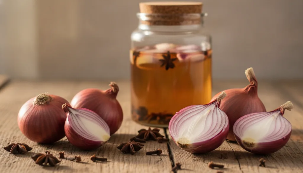 A close-up shot of red onions and dried cloves on a rustic wooden surface with a glass jar of a homemade hair tonic in t