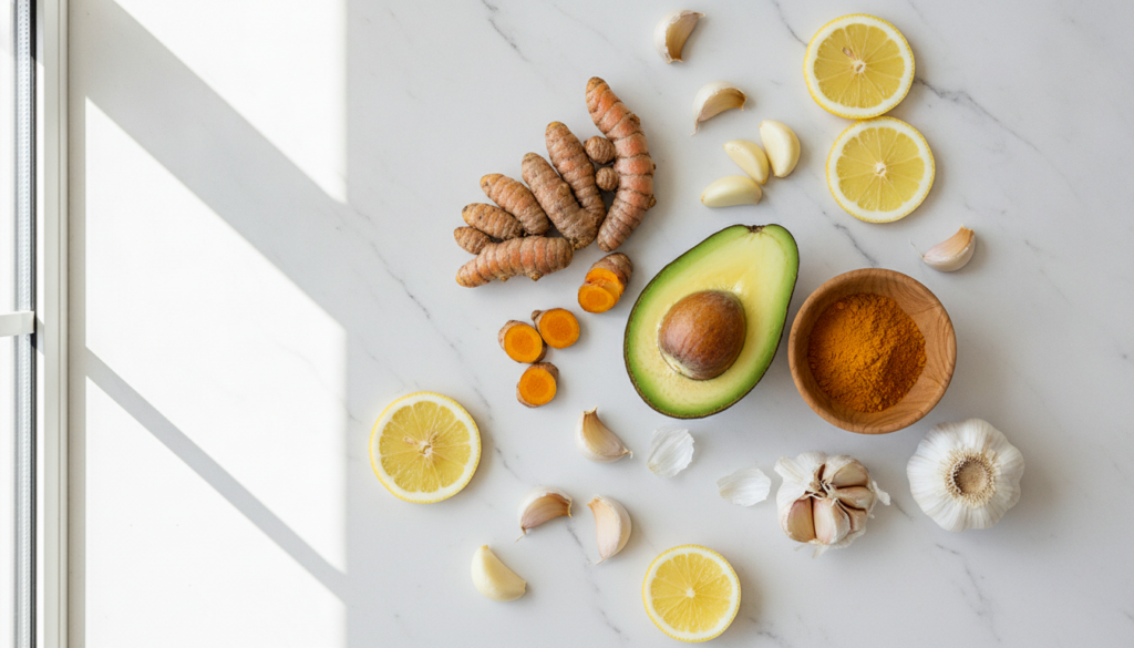 A visual representation of foods beneficial for liver health including garlic lemon turmeric and avocado arranged appeal